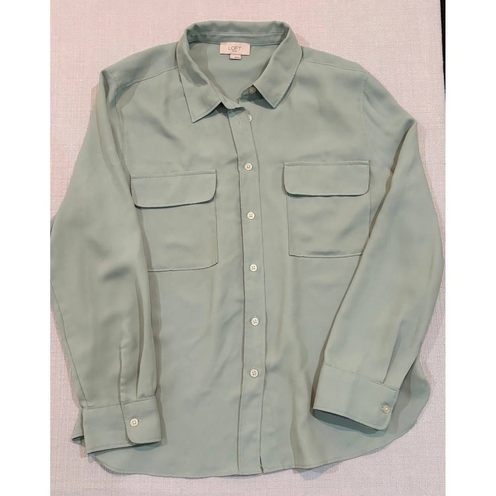 Loft Outlet Blouse Women L Sage Green Button Down Pocket Long Sleeve